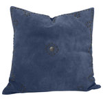 Paseo Road by HiEnd Accents - Western Suede Antique Silver Concho & Studded Pillow, 20" x 20", Navy - Embodying Western sophistication in every detail, this genuine suede pillow showcases a lone silver concho in the middle, enveloped by an elegant silver-studded border. Available in black, gray, navy, and tobacco, this accent pillow brings a luxurious, rustic touch to any room.