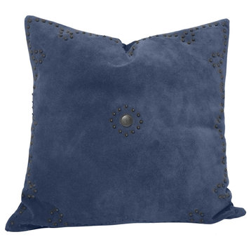 Western Suede Antique Silver Concho & Studded Pillow, 20" x 20", Navy