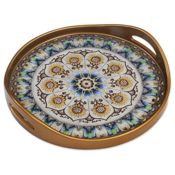 Blue Andean Mandala Reverse Painted Glass Tray