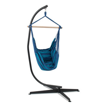 Hammock Chair C-Frame Stand Combo Hanging Rope Steel Frame, Blue/Green