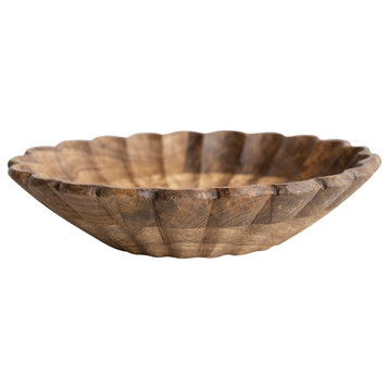 Boho Carved Wood Bowl with Scalloped Edge, Natural