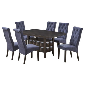 Huxley 7 Piece Dining Set, Black Wood and Blue Fabric, Table, 6 Chairs, Blue