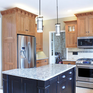 Custom Arts & Crafts Kitchen with Wet Bar & Black Island