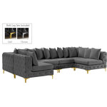 Meridian Furniture - Tremblay Velvet Upholstered 6-Piece Modular U-Shaped Sectional, Grey - Lean back and relax on this Tremblay sectional. Featuring soft grey velvet upholstery with deep button tufting, this sectional adds a bold touch to any living space. A complete set of gold and chrome legs are included, so you can change it up to suit your home decor. This sectional is modular, so you can create infinite configurations with it, which are easily attached using the latch underneath the frame. Its contemporary design is perfect for the modern home.