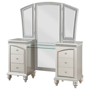 Contemporary Vanity Table, 6 Storage Drawers With Raised Molding Trim, Platinum