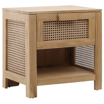 Lorraine Teak and Woven Rattan 1-Drawer Side Table, a Natural Finish