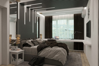 Идея дизайна: спальня в белых тонах с отделкой деревом: освещение с белыми стенами