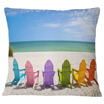 Adirondack Beach Chairs Seashore Photo Throw Pillow, 18"x18"