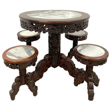 Consigned 20 Century Chinese Marble Top Hardwood Carved Round Dinning Table set