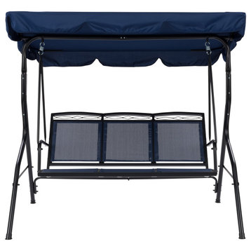 CorLiving Navy Mesh 3-Seat Powder Coated Metal Frame Patio Swing with Canopy