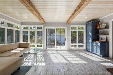 Inspiration for a mid-sized transitional porcelain tile and blue floor sunroom remodel in Milwaukee with a standard ceiling