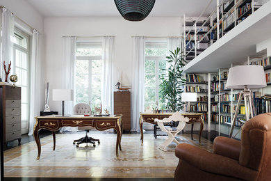 Traditional home office in Catania-Palermo with a library, white walls, a freestanding desk and beige floor.