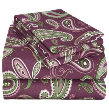 Flannel Cotton Paisley Pillowcases Bed Sheet Set, Purple Paisley, Queen