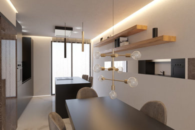 Esempio di una cucina minimal di medie dimensioni con ante nere, top in superficie solida, paraspruzzi a effetto metallico, pavimento in marmo, pavimento bianco, top nero e soffitto ribassato