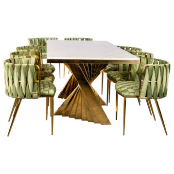 Waterfall Rectangle Marble Top Dining Table With 8 Chairs, Green