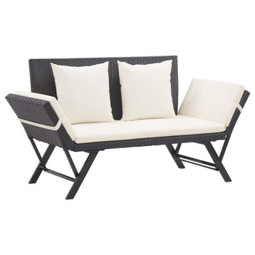 vidaXL Patio Bench with Adjustable Armrest and Cushions Black Poly Rattan