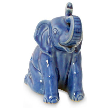 Blue Elephant Welcome Celadon Ceramic Statuette, Thailand