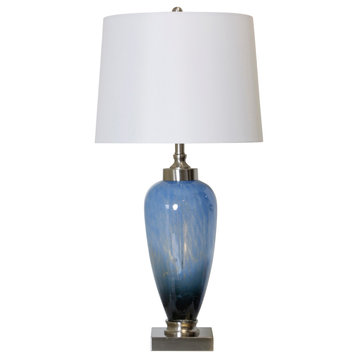 Ezra, Ombre Art Glass LED Table Lamp, Blue, Black, Gray, Brushed Steel Finish