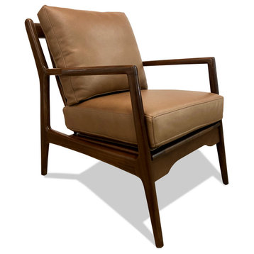 Nativa Interiors Sotello Mid-Century Modern Geniune Leather Chair, Caramel