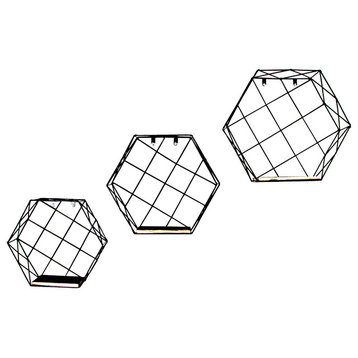 Hexagon Wall-Mounted Hanging Shelves, 3-Piece Set, Matte Black