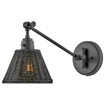 Hinkley Arti LED Wall Sconce, Black with Black Natural Rattan Shade
