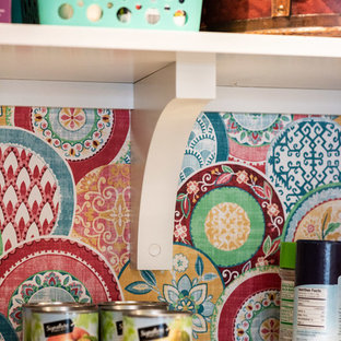 Large eclectic kitchen pantry ideas - Inspiration for a large eclectic u-shaped porcelain floor and multicolored floor kitchen pantry remodel in San Luis Obispo with shaker cabinets, white cabinets and two islands