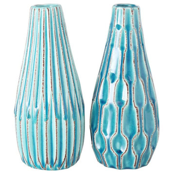 Turquoise Blue Crackled Glazed Vases, Set of 2