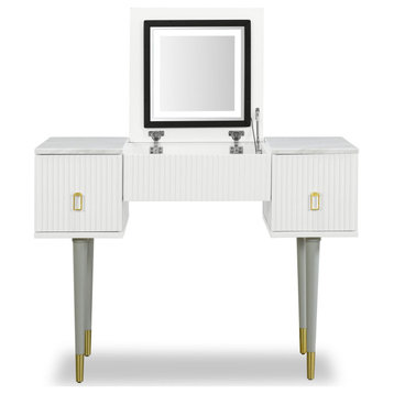 TATEUS Modern Vanity Table Set With Flip-top Mirror and LED Light, White/gray