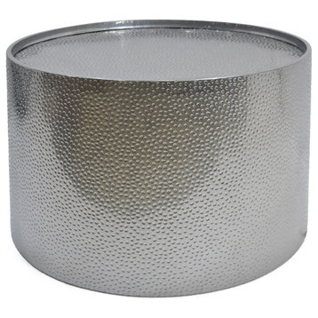 Rache Modern Round Accent Table With Hammered Iron, Silver