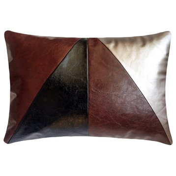 Brown Leather 12"x22" Lumbar Pillow Cover, Black Brown Champagne The Plough