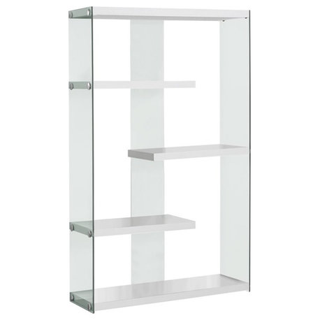 Bookshelf Etagere 5 Tier 60"H Office Bedroom Tempered Glass Glossy White