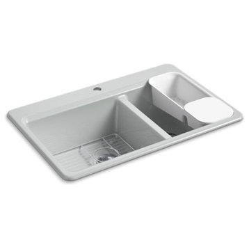 Kohler Riverby Double-Bowl Kitchen Sink, Accessories and 1 Faucet Hole, Ice Gray