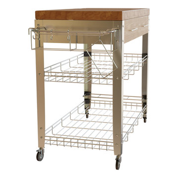 Wooden kitchen cart with storage shelves and drawers