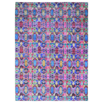 Colorful Jewellery Design Sari Silk with Textured Wool Handknotted Rug 8'10"x12'