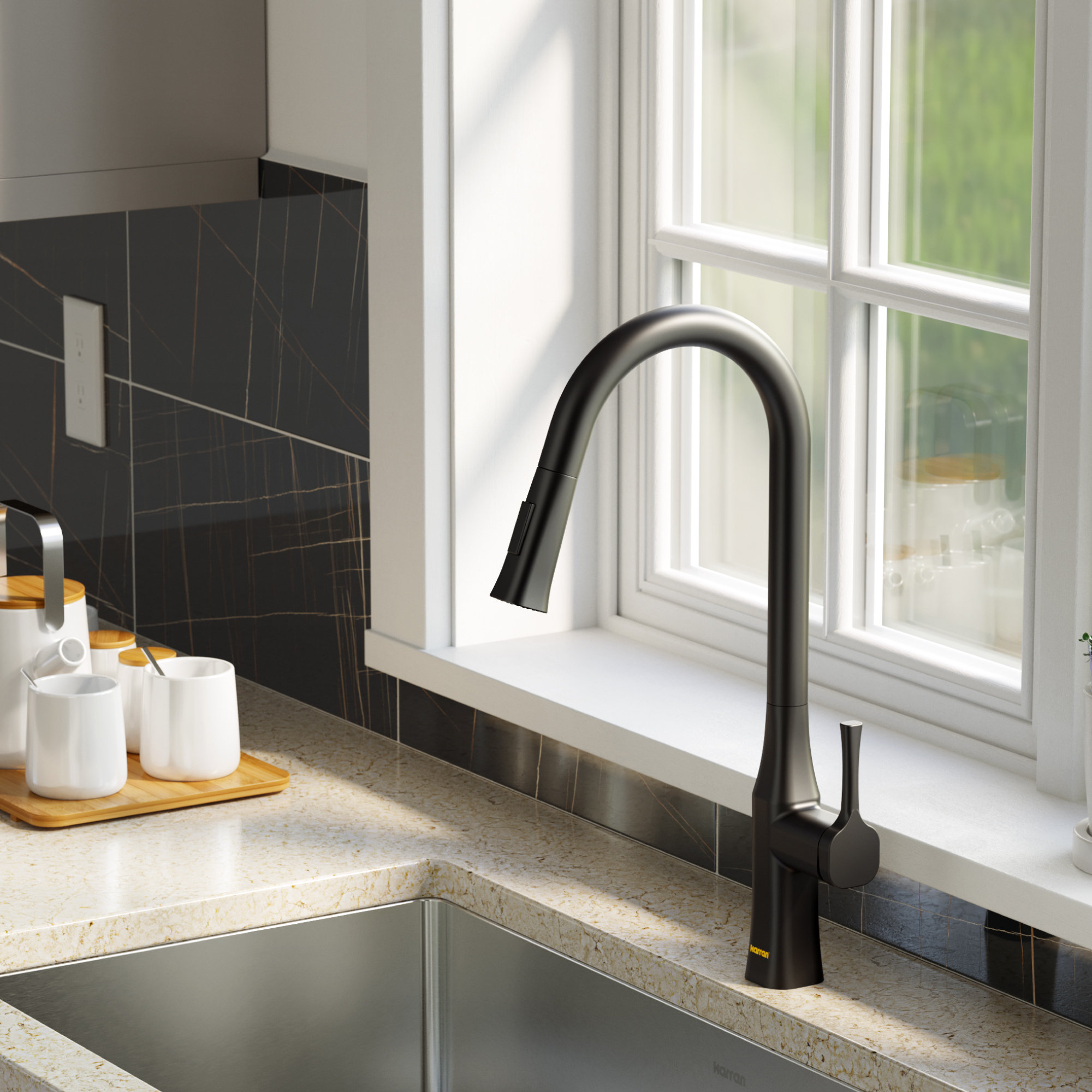 Karran KKF140 1-Handle Pull-Down Sprayer Kitchen Faucet, Matte Black