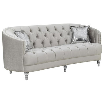 Pemberly Row Transitional Velvet Tufted Sloped Arm Sofa in Gray