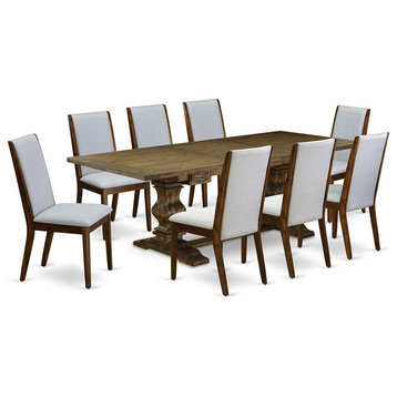 East West Furniture Lassale 9-piece Wood Dining Table and Chairs in Brown