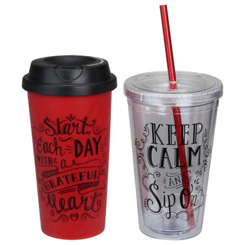 6.75" Inspirational Red With Black Accents Tumbler and Travel Mug Set