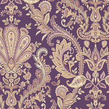 Jacobean Damask/Paisley Wallpaper, Metallic Gold/Purple, Bolt