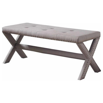Best Master Fabric Upholstered Rectangle Accent Bench in Neutral Gray/Nail Heads