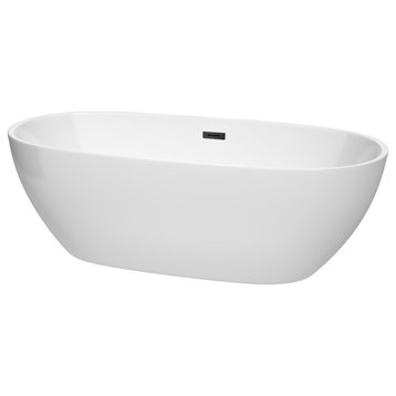 Juno 71" Freestanding White Bathtub, Matte Black Drain and Overflow Trim