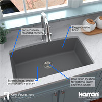 Karran Undermount Quartz 32" Single Bowl Kitchen Sink Kit, Grey