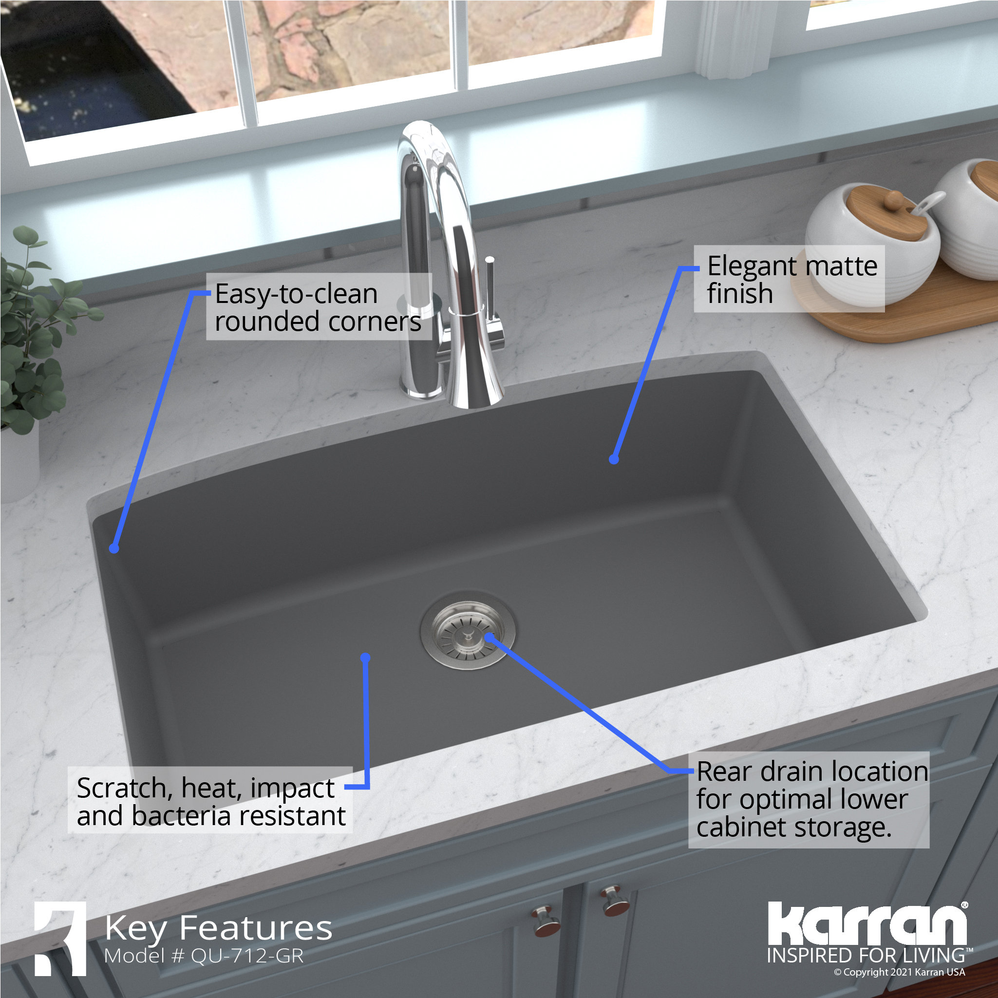 Karran Undermount Quartz 32" Single Bowl Kitchen Sink Kit, Grey