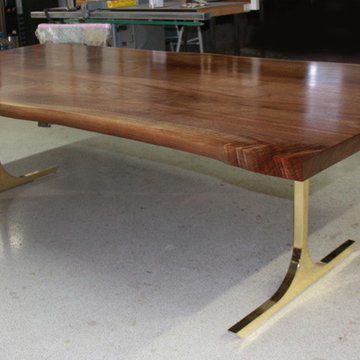Live Edge Contemporary Black Walnut Table with Brass Base