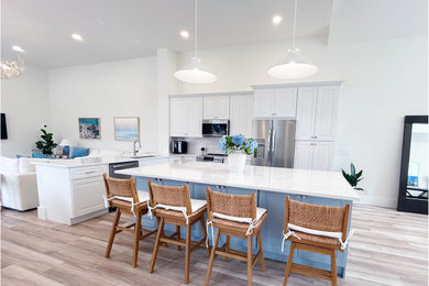 Kitchen - coastal laminate floor kitchen idea in Miami with quartz countertops