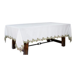 Xia Home Fashions - Holiday Holly Embroidered Cutwork Tablecloth, White, 60x84 - Tablecloths