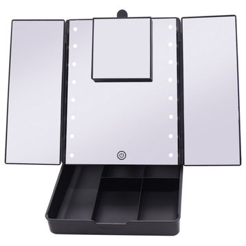 Touch Trifold LED Makeup Mirror With Vanity Organizer, Black