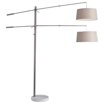 Contemporary Floor Lamp, Round Marble Base and 2 Arms With Beige Linen Shades