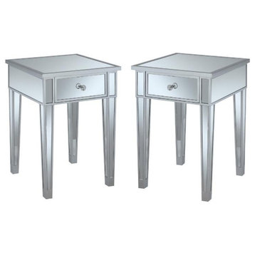 Home Square 2 Piece End Table with Drawer and Mirrored Glass Set in Silver