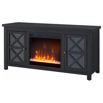 Spacious TV Stand, Fireplace and Glass Doors With Crossed Accents, Black